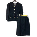 Chanel Vintage CC Logo Button Gold Tweed Jacket Skirt Set 38 Black
