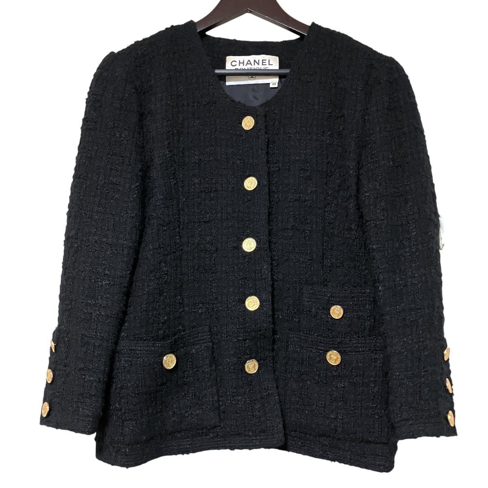 Chanel Vintage CC Logo Button Gold Tweed Jacket Skirt Set 38 Black — view 2