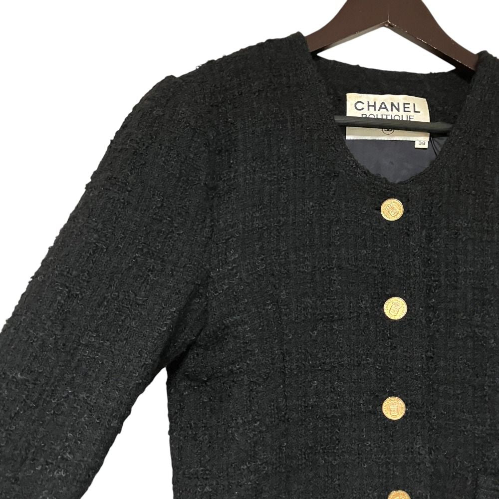 Chanel Vintage CC Logo Button Gold Tweed Jacket Skirt Set 38 Black — view 4