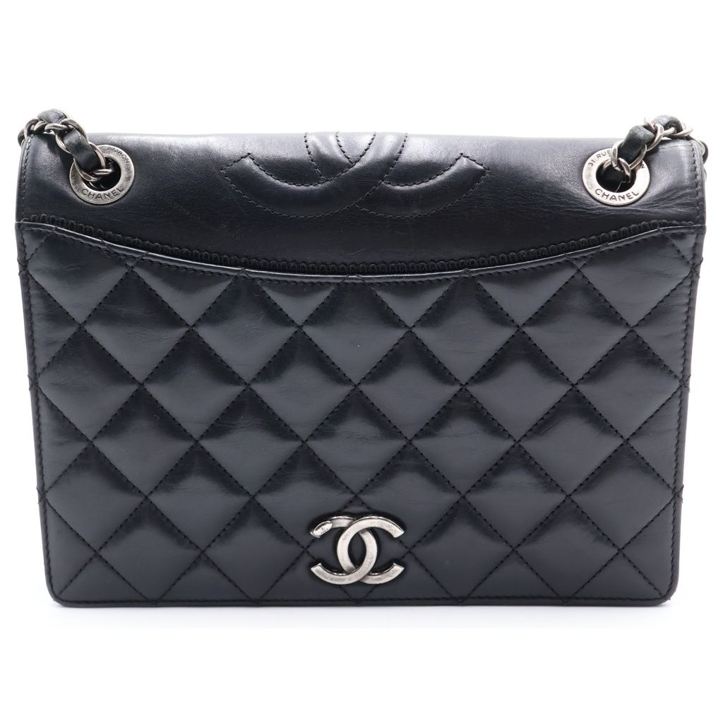 Chanel Quilted Lambskin Shoulder Bag Black Silver