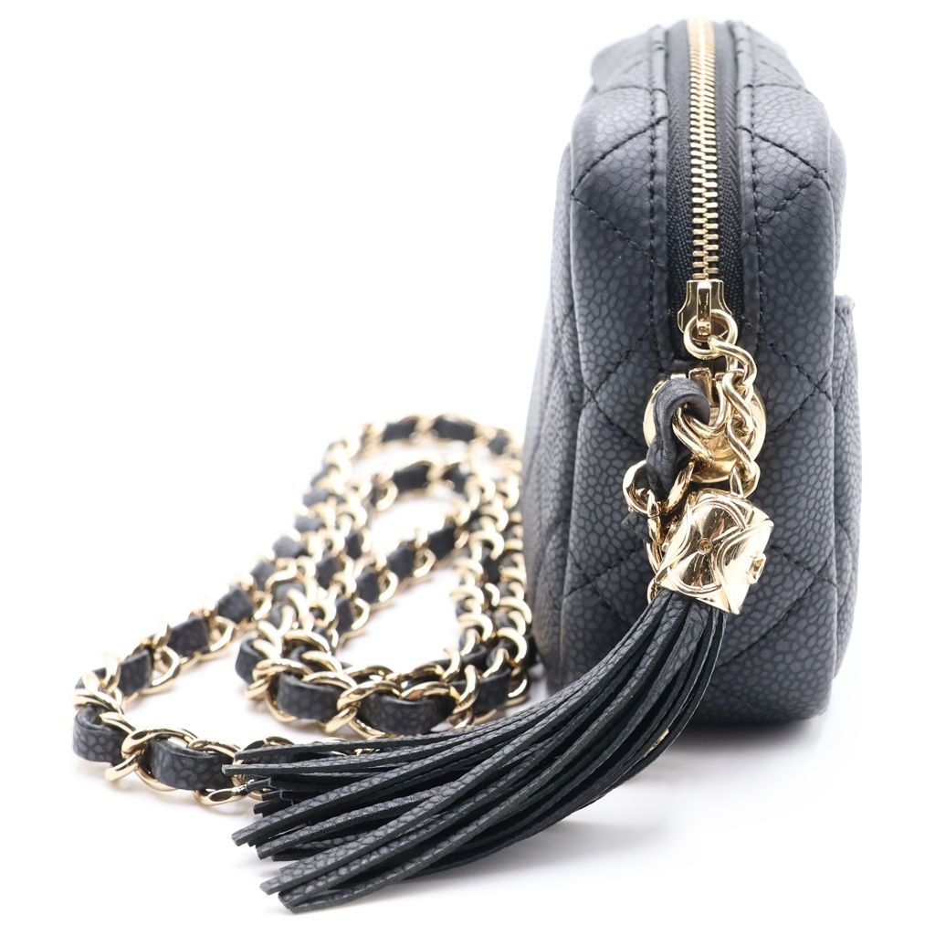 Chanel Quilted Fringe Camera Shoulder Bag Gray Caviar Leather Gold — view 3