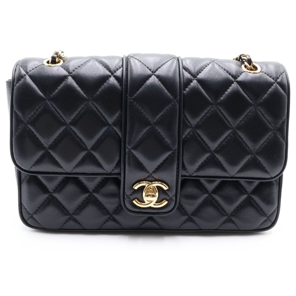 Chanel Quilted 23 Lambskin Gold Chain Shoulder Bag Plate Black