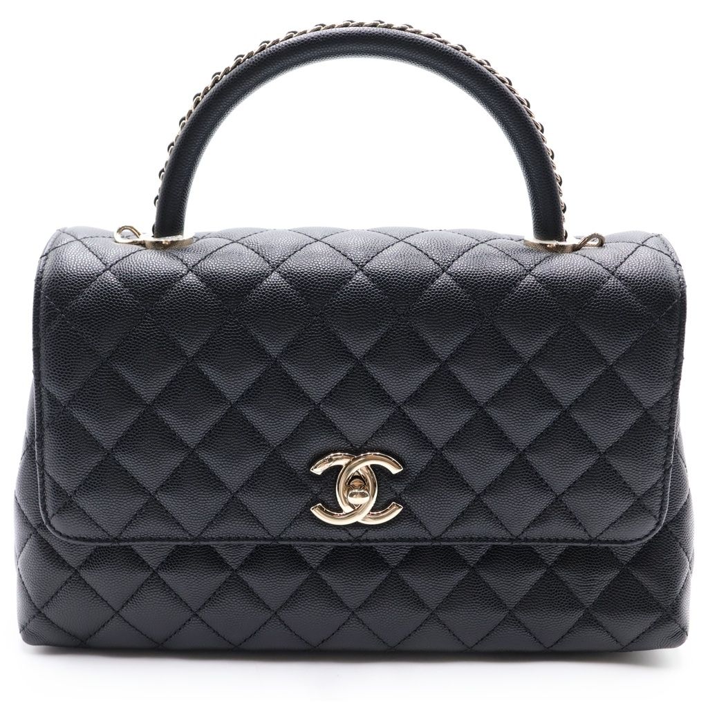 Chanel Coco Handle Turnlock 2-Way Chain Shoulder Bag Black Caviar Leather Gold