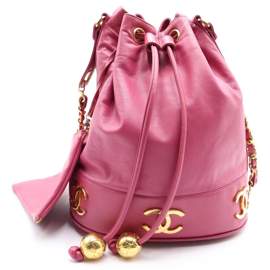 Chanel Triple Coco Drawstring Shoulder Bag Pink Leather Gold