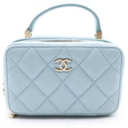 Chanel Quilted Vanity Chain Shoulder Bag Gold Caviar Leather Light Blue