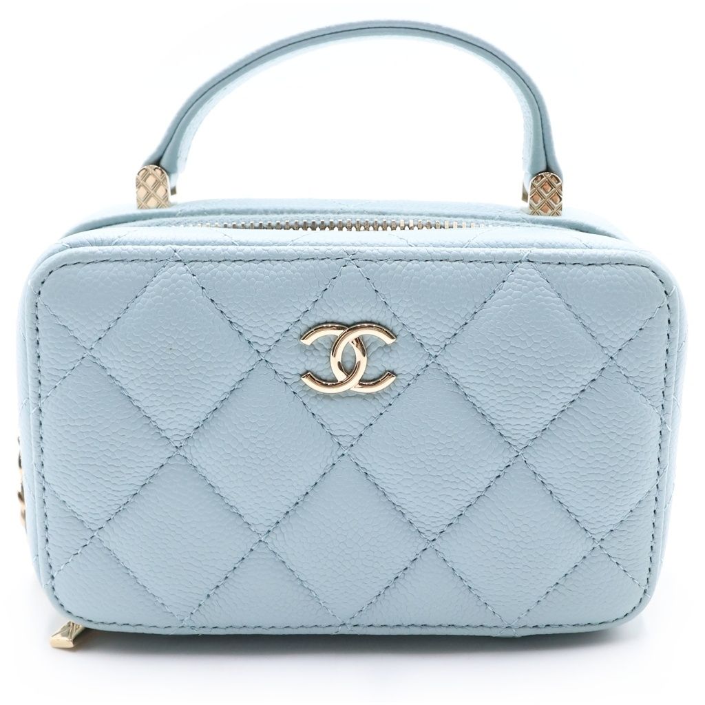 Chanel Quilted Vanity Chain Shoulder Bag Gold Caviar Leather Light Blue