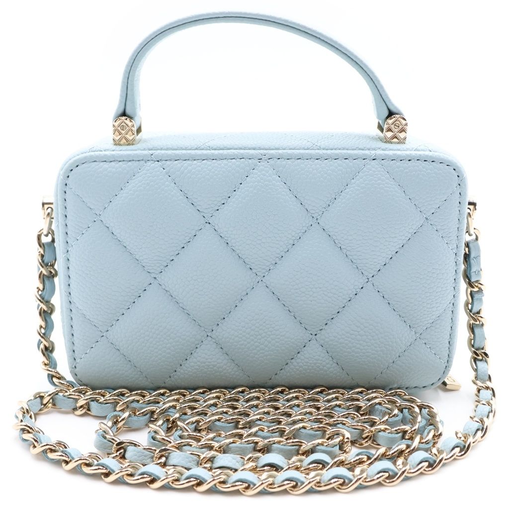 Chanel Quilted Vanity Chain Shoulder Bag Gold Caviar Leather Light Blue — view 2