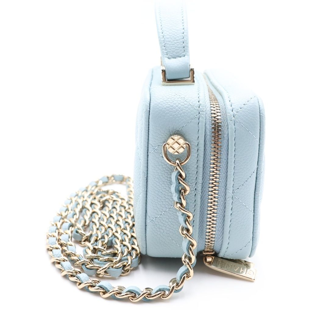 Chanel Quilted Vanity Chain Shoulder Bag Gold Caviar Leather Light Blue — view 3