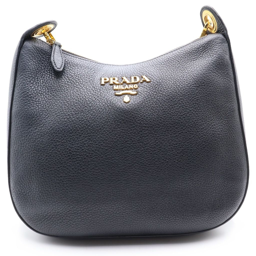 Prada Vitello Phoenix Leather Stripe Shoulder Bag Black