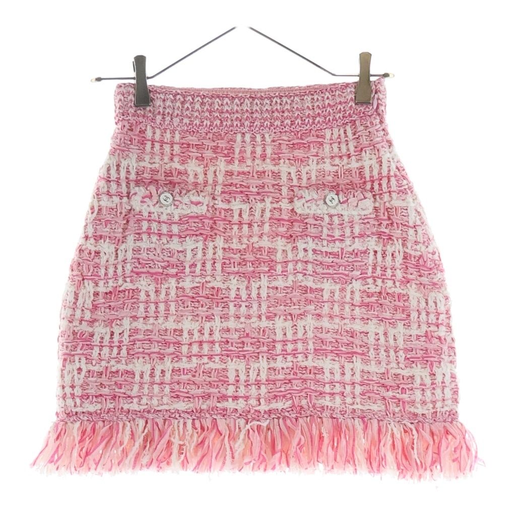 Chanel Tweed Fringe Skirt CC Logo Button Pink White
