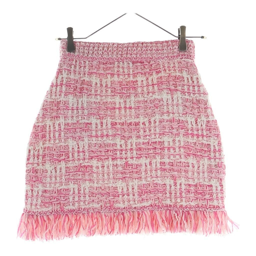 Chanel Tweed Fringe Skirt CC Logo Button Pink White — view 2