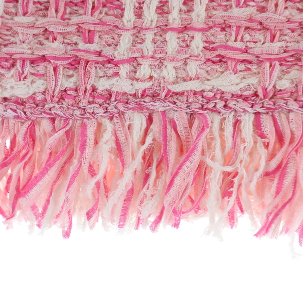 Chanel Tweed Fringe Skirt CC Logo Button Pink White — view 6