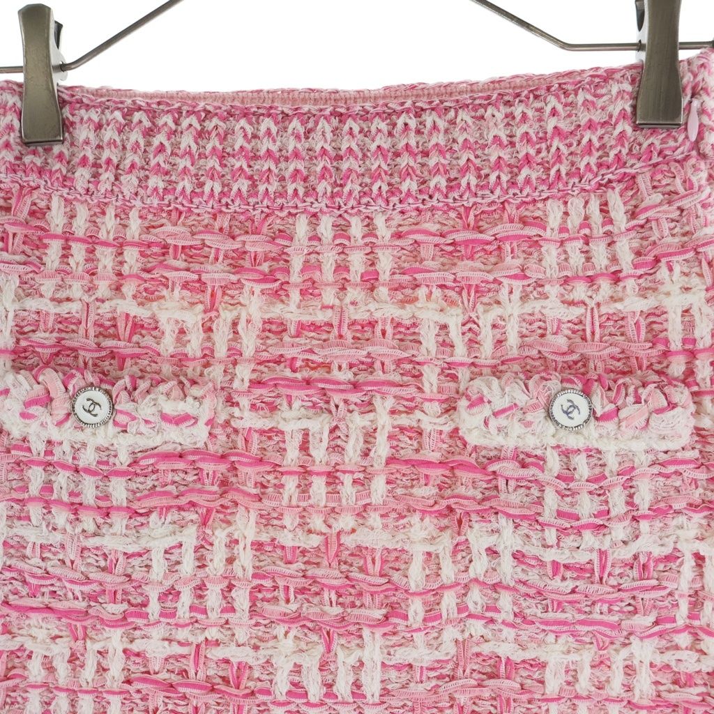 Chanel Tweed Fringe Skirt CC Logo Button Pink White — view 3