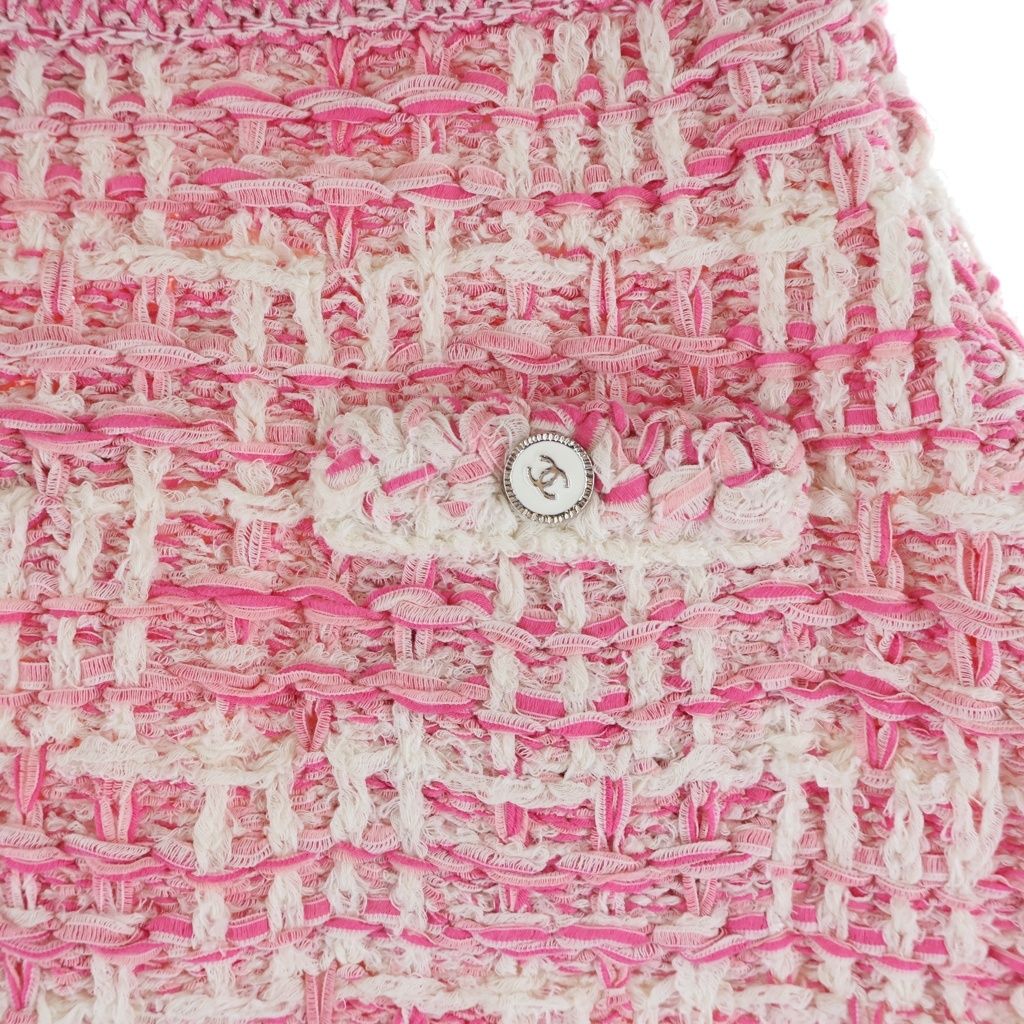 Chanel Tweed Fringe Skirt CC Logo Button Pink White — view 5