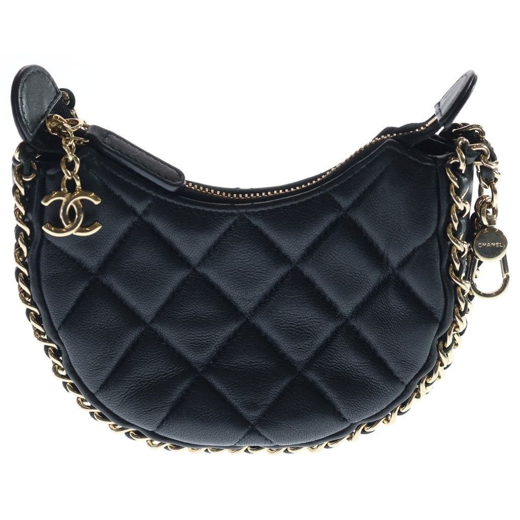 Chanel Quilted Hobo Back Chain Shoulder Mini Gold Lambskin Black
