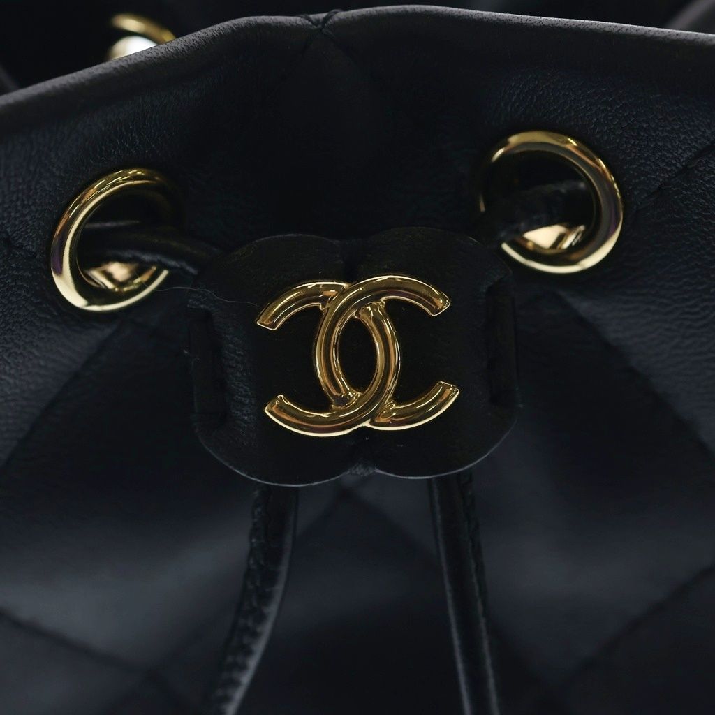 Chanel Quilted Small Bucket Bag Chain Shoulder Drawstring Gold Lambskin Black — view 6