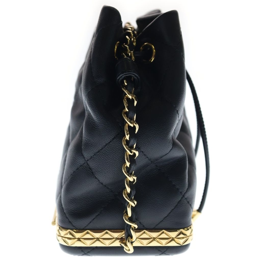 Chanel Quilted Small Bucket Bag Chain Shoulder Drawstring Gold Lambskin Black — view 3