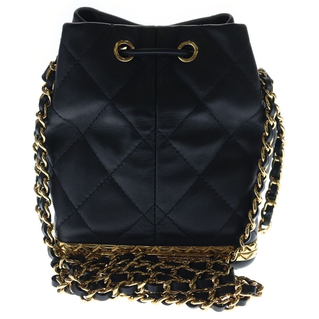 Chanel Quilted Small Bucket Bag Chain Shoulder Drawstring Gold Lambskin Black — view 2
