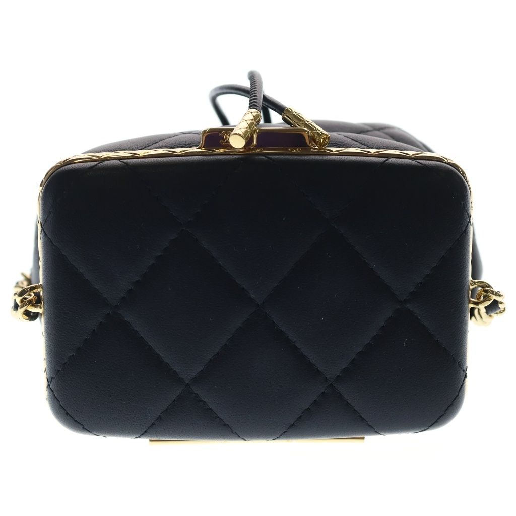 Chanel Quilted Small Bucket Bag Chain Shoulder Drawstring Gold Lambskin Black — view 4