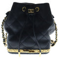 Chanel Quilted Small Bucket Bag Chain Shoulder Drawstring Gold Lambskin Black