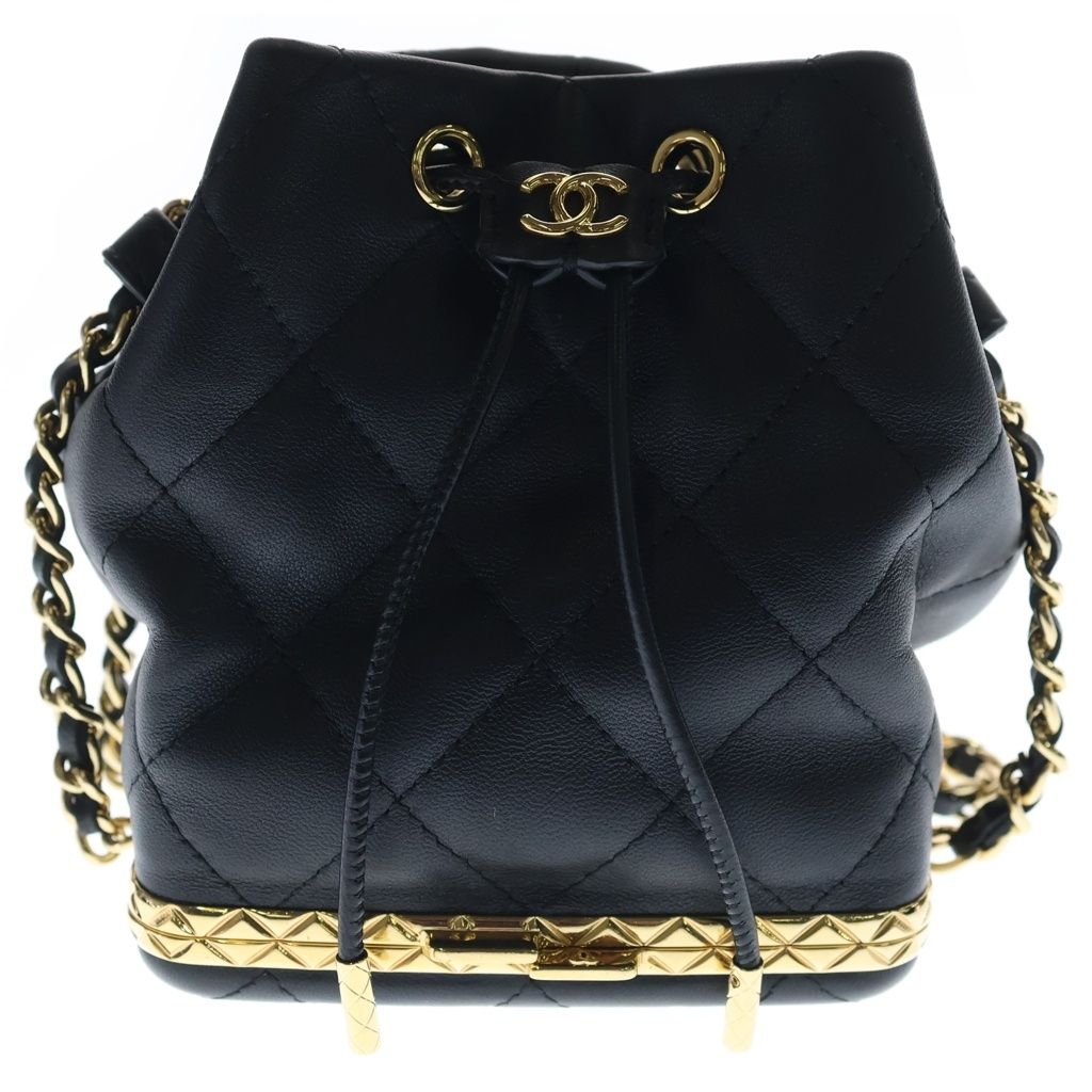 Chanel Quilted Small Bucket Bag Chain Shoulder Drawstring Gold Lambskin Black
