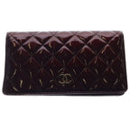 Chanel Quilted Brilliant CC Logo Patent Leather Wallet Bifold Gold Bordeaux