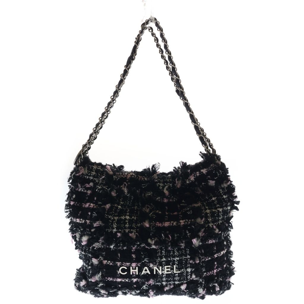 Chanel 22 Small Chain Tote Black Pink Tweed Silver
