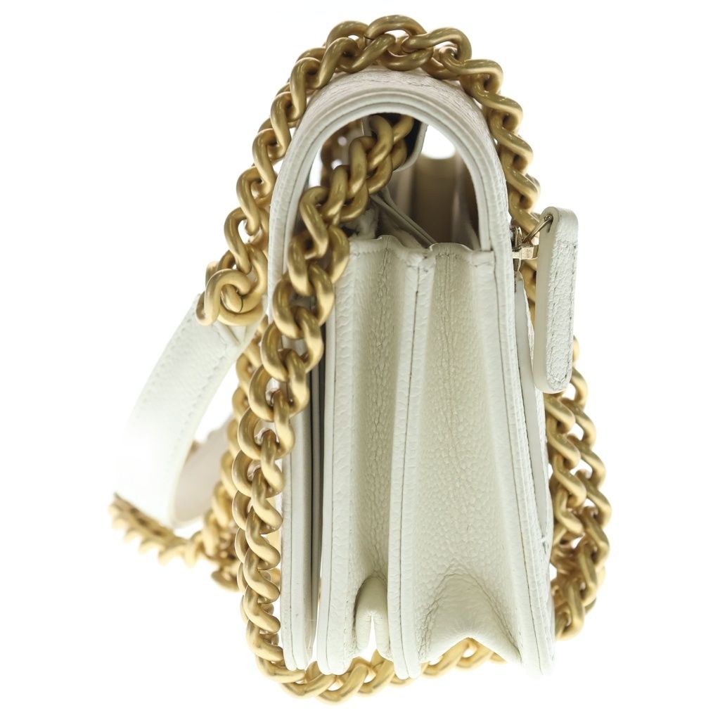 Chanel Boy 15.5 Mini Chain Shoulder Bag Wallet White Caviar Leather Gold — view 3