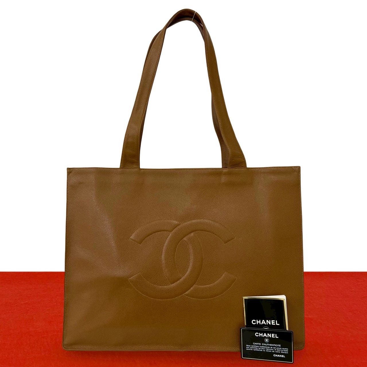 Chanel Card Seal Present Vintage CC Logo Caviar Leather Tote Brown