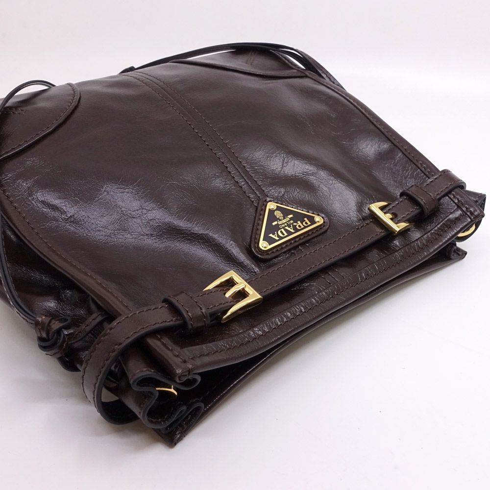 Prada Boni Shoulder Bag Leather Dark Brown Gold — view 3
