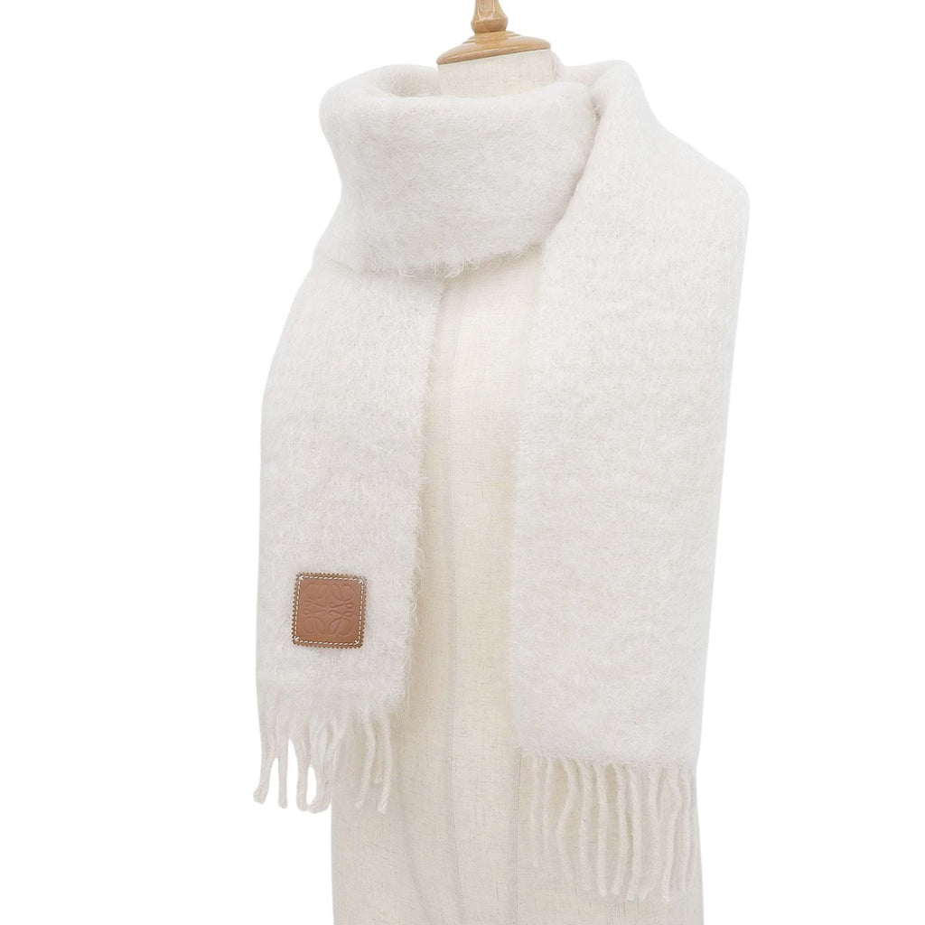 Loewe Mohair Wool Fringe Anag Lambskin Patch Scarf Shawl Ivory — view 2