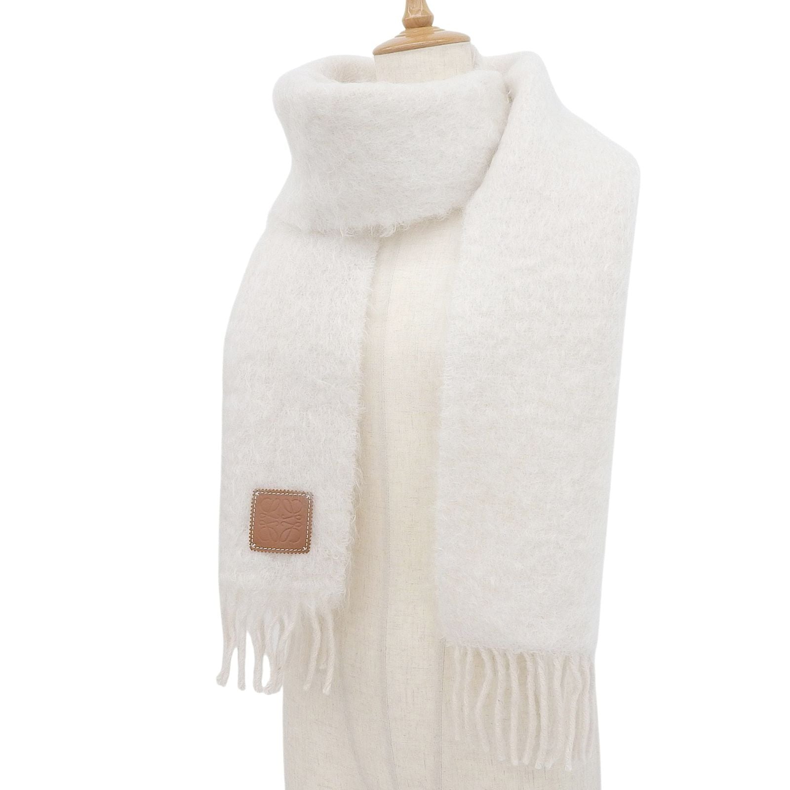 Loewe Mohair Wool Fringe Anag Lambskin Patch Scarf Shawl Ivory — view 2