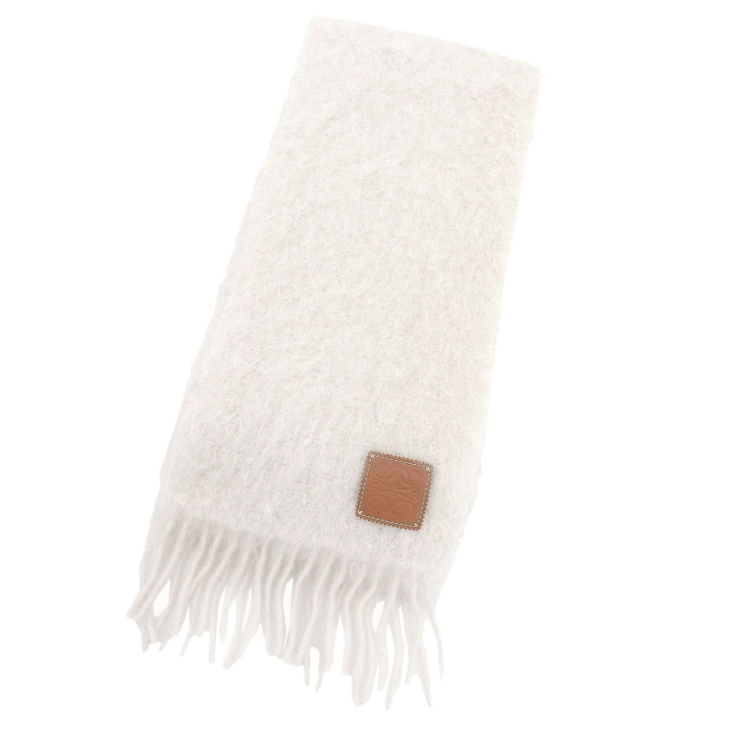 Loewe Mohair Wool Fringe Anag Lambskin Patch Scarf Shawl Ivory
