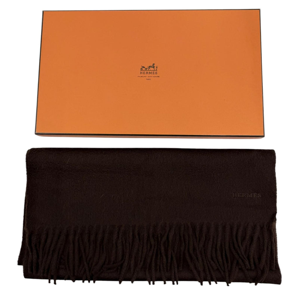 Hermes Rectoverso Cashmere Logo Embroidery Scarf with Fringe Brown — view 2