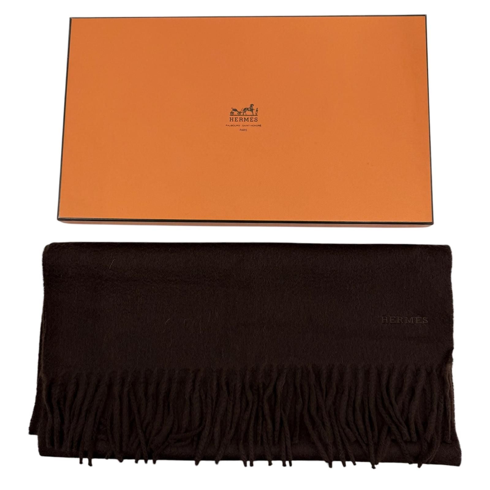 Hermes Rectoverso Cashmere Logo Embroidery Scarf with Fringe Brown — view 2