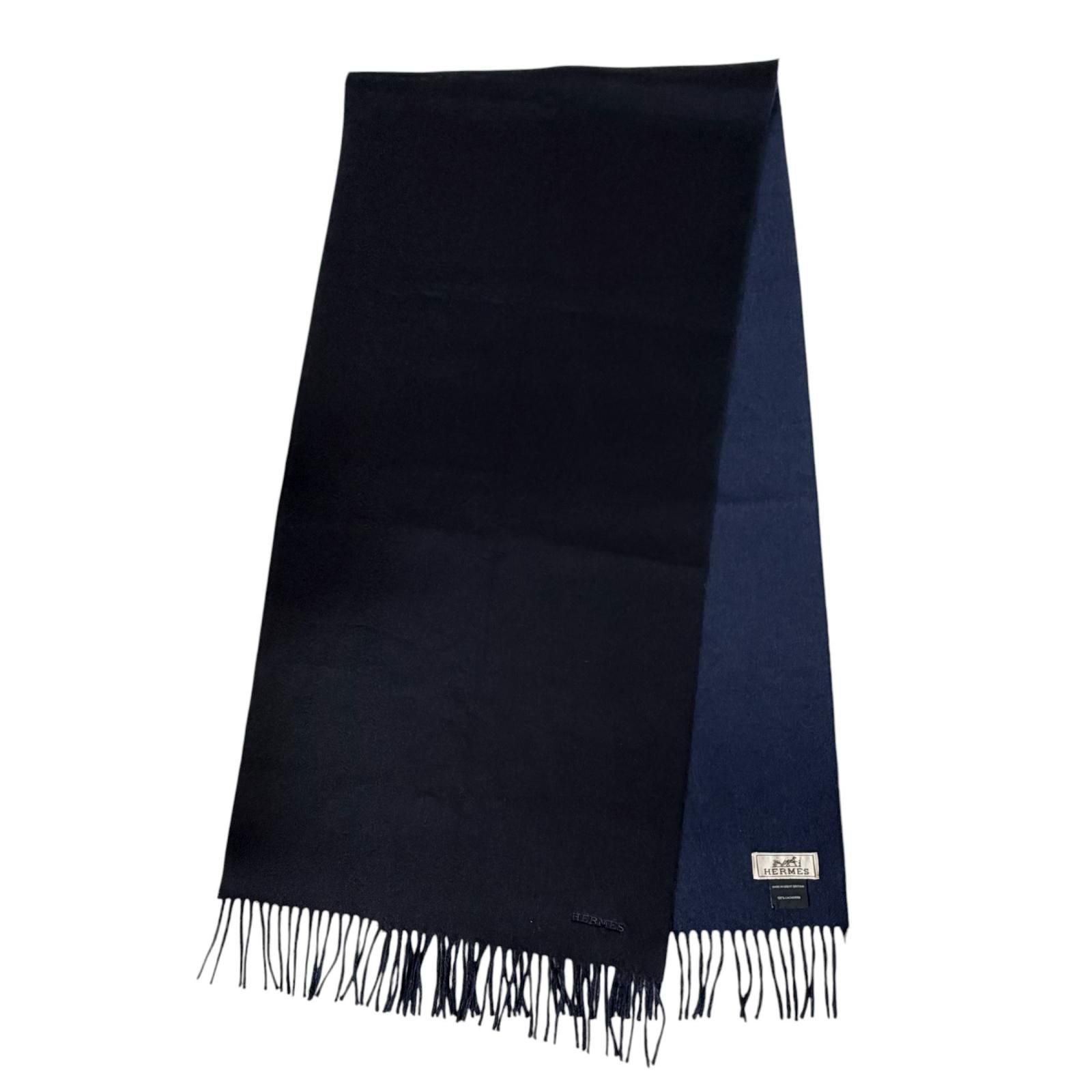 Hermes Rectoverso Cashmere Marine Ocean Bicolor Logo Embroidery Scarf with — view 3