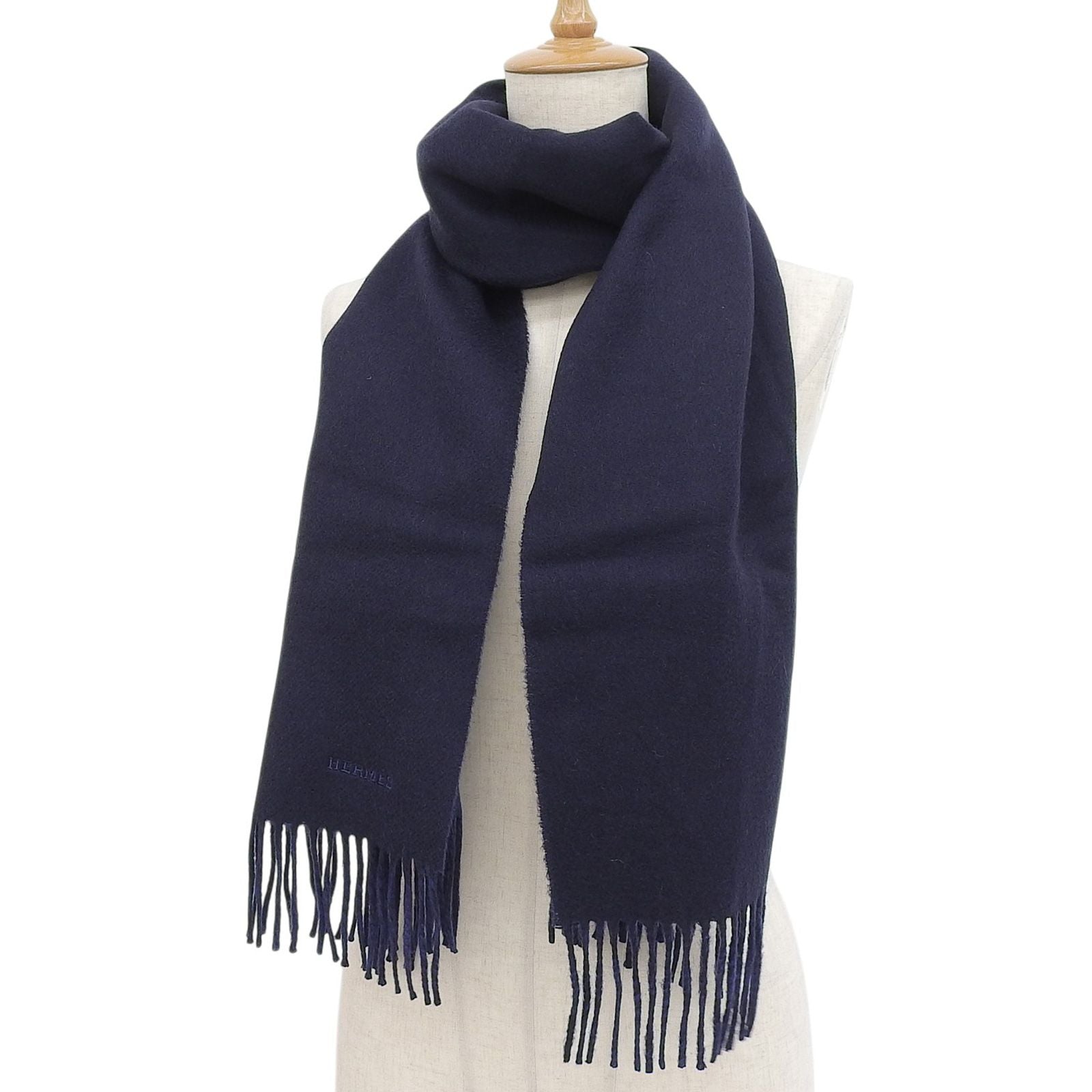 Hermes Rectoverso Cashmere Marine Ocean Bicolor Logo Embroidery Scarf with — view 2
