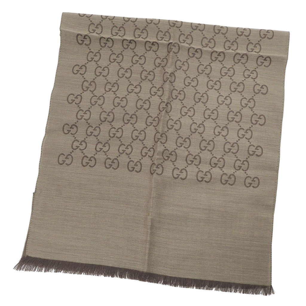 Gucci Wool Silk GG Logo Diamante with Fringe Shawl Brown Scarf