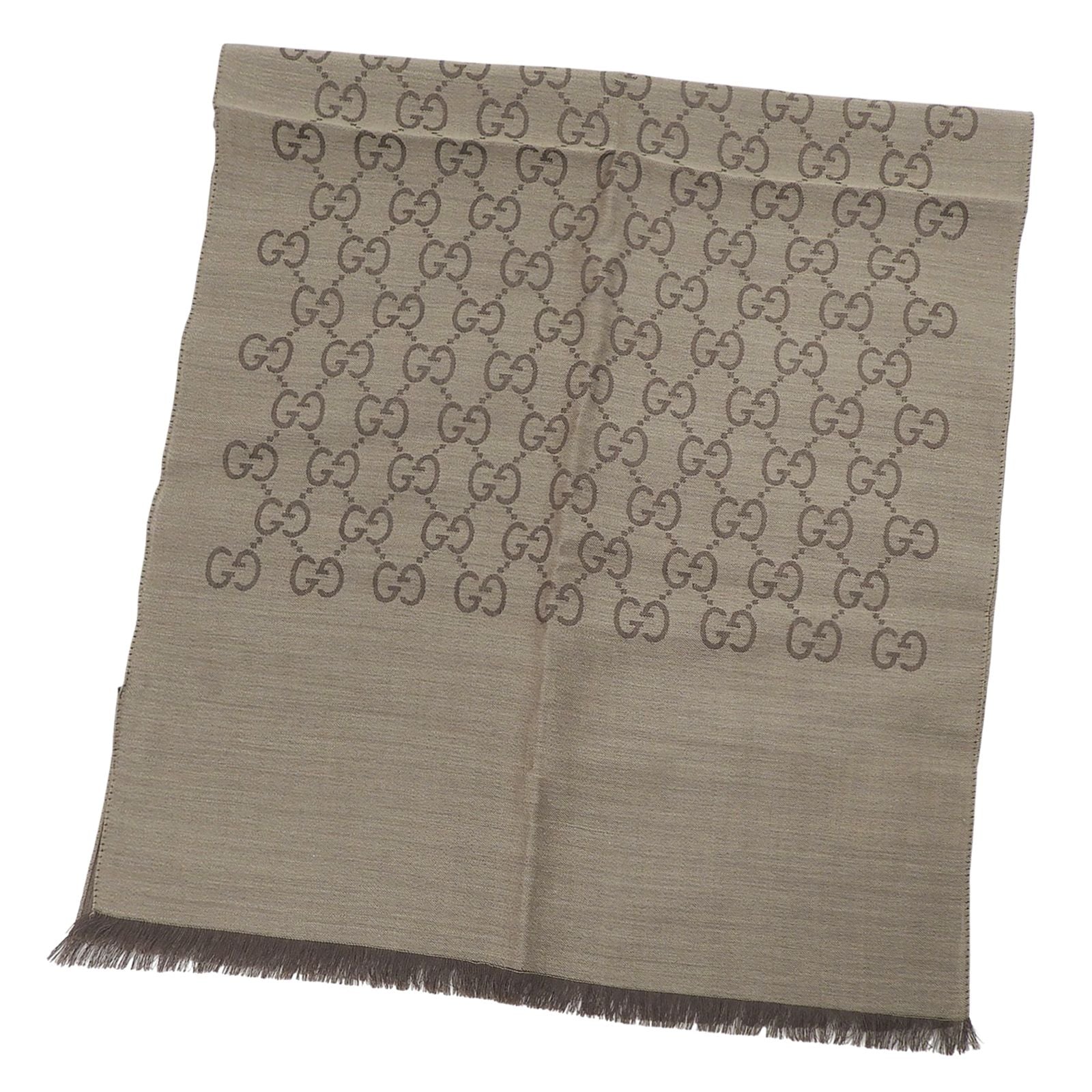 Gucci Wool Silk GG Logo Diamante with Fringe Shawl Brown Scarf