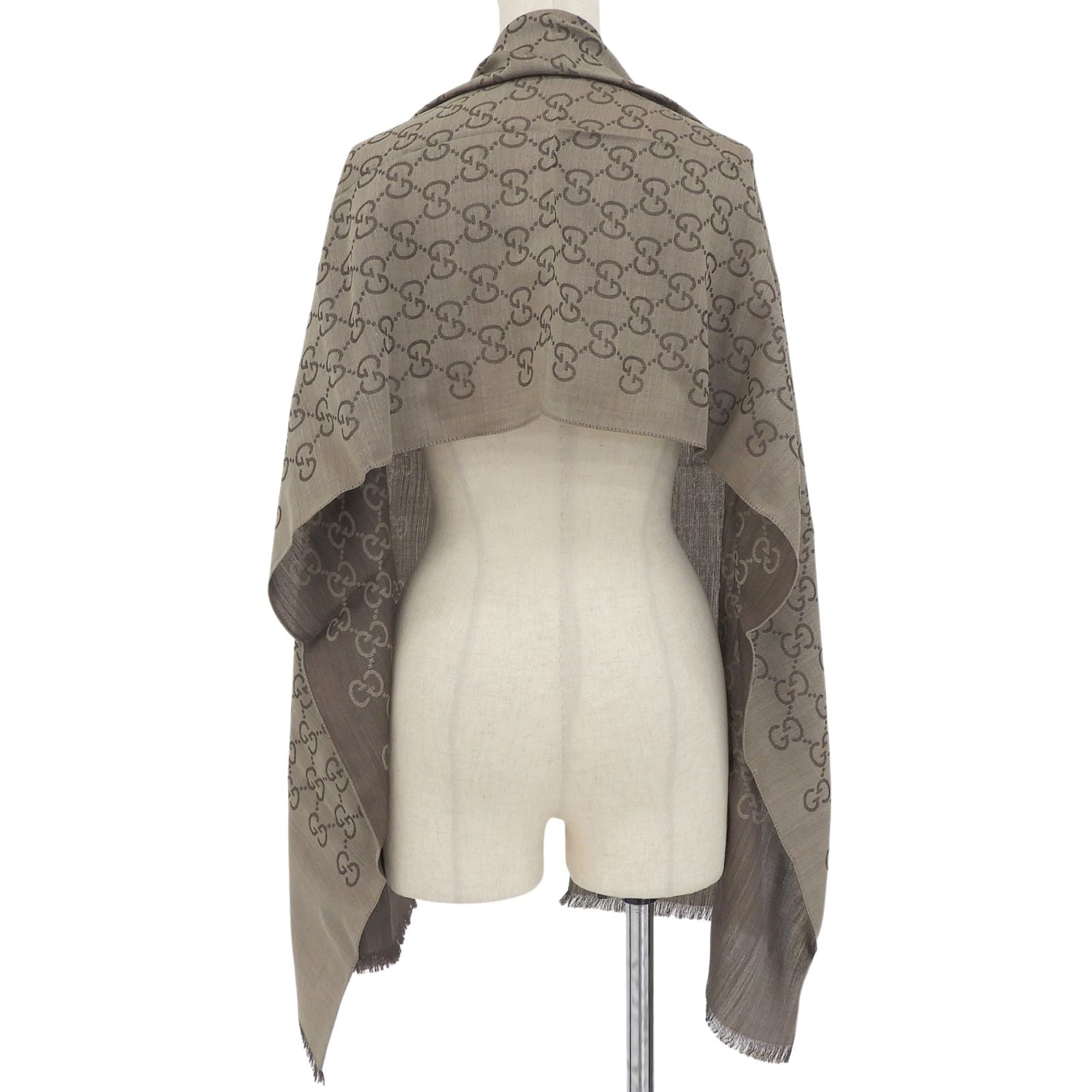 Gucci Wool Silk GG Logo Diamante with Fringe Shawl Brown Scarf — view 3