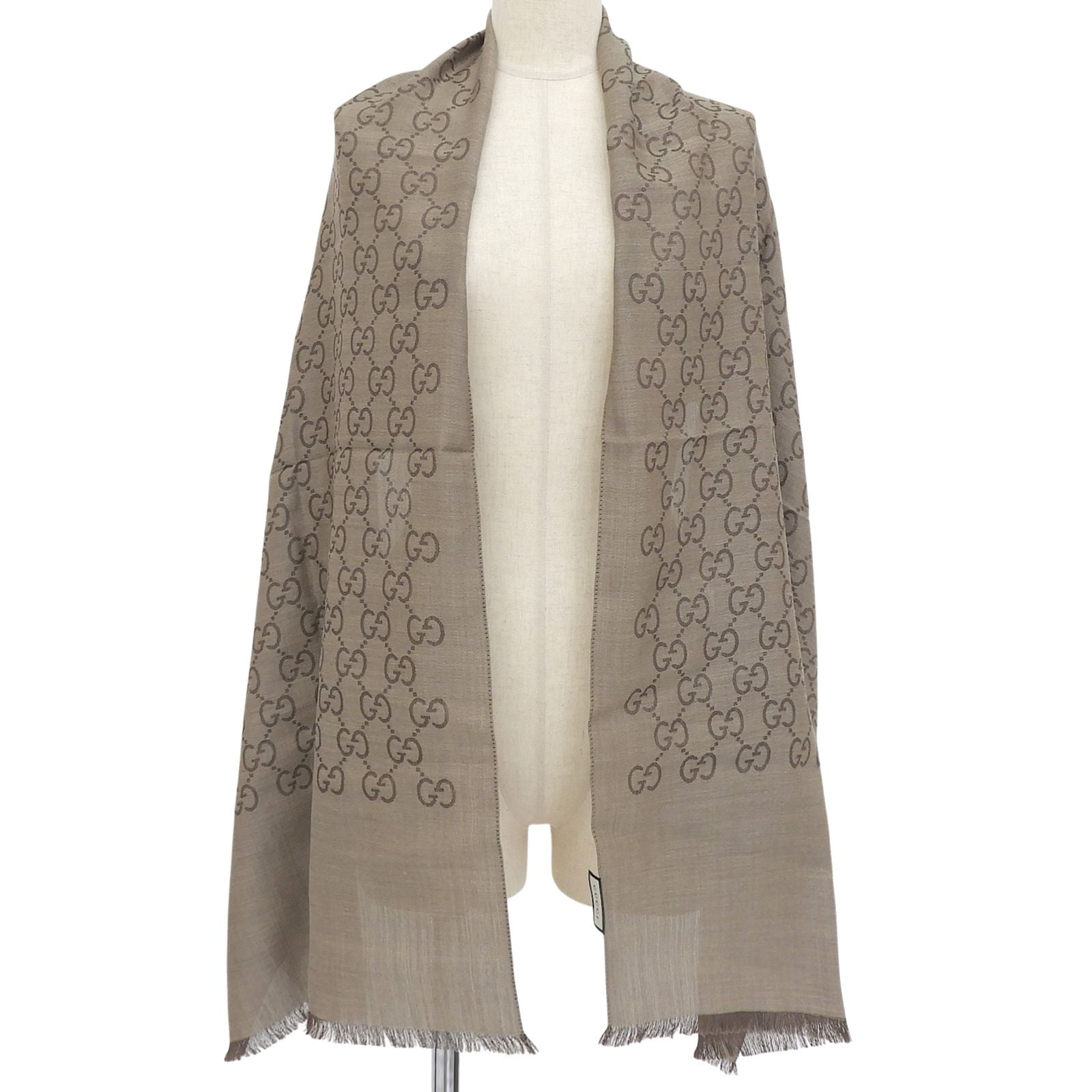 Gucci Wool Silk GG Logo Diamante with Fringe Shawl Brown Scarf — view 2