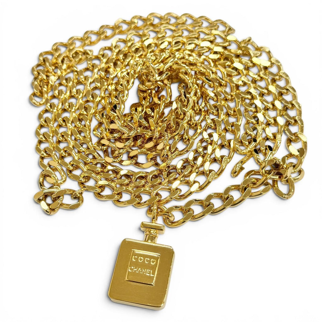 Chanel Logo Perfume Bottle Charm Double Chain Belt 81 Gold Gorgeous