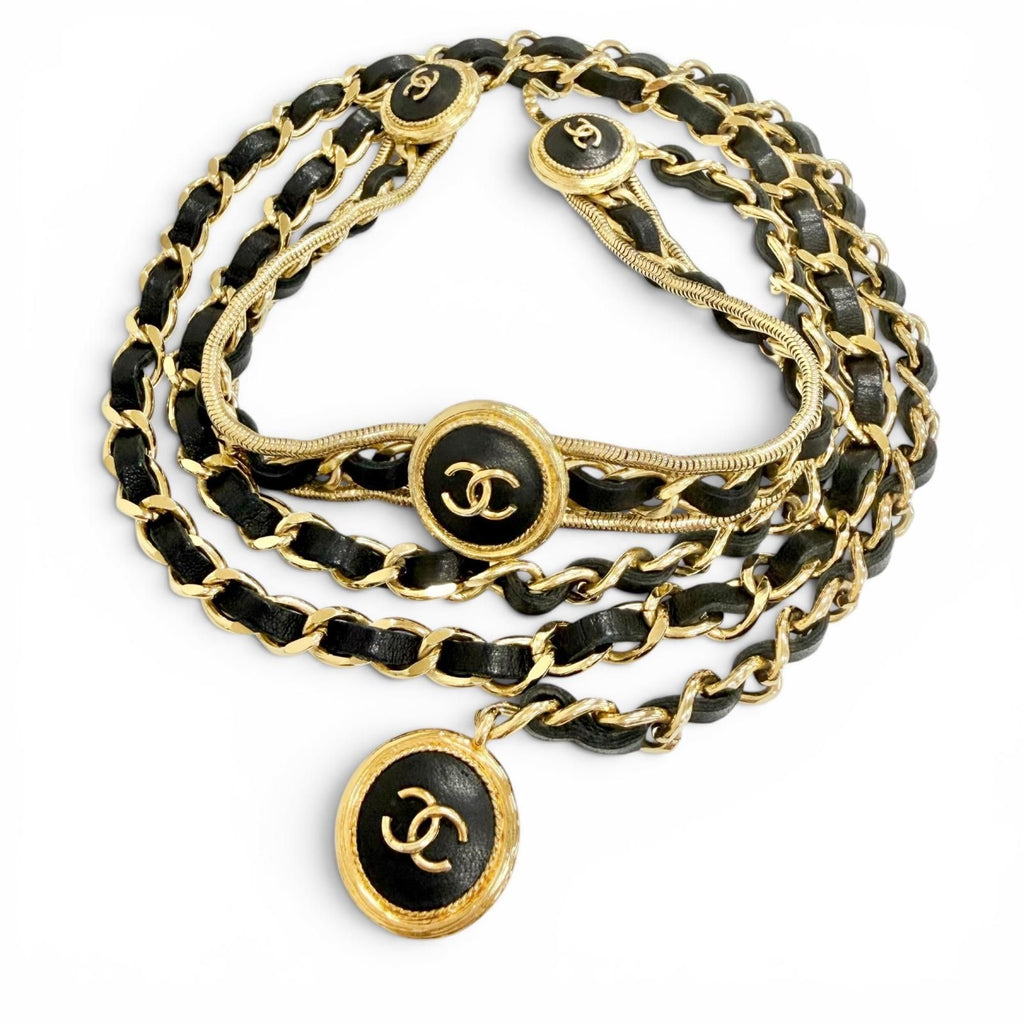 Chanel Vintage CC Logo Clover Leather Chain Belt Gold Black Recommended
