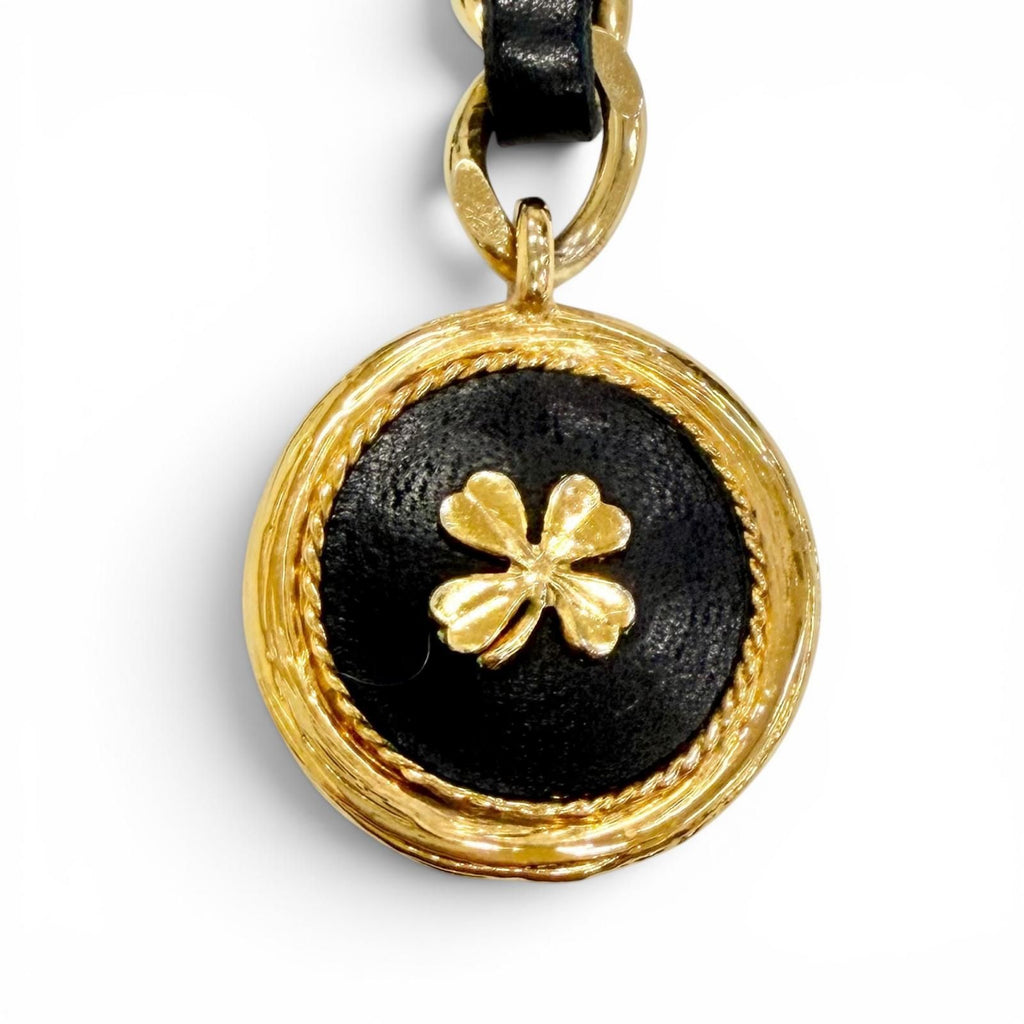 Chanel Vintage CC Logo Clover Leather Chain Belt Gold Black Recommended — view 5