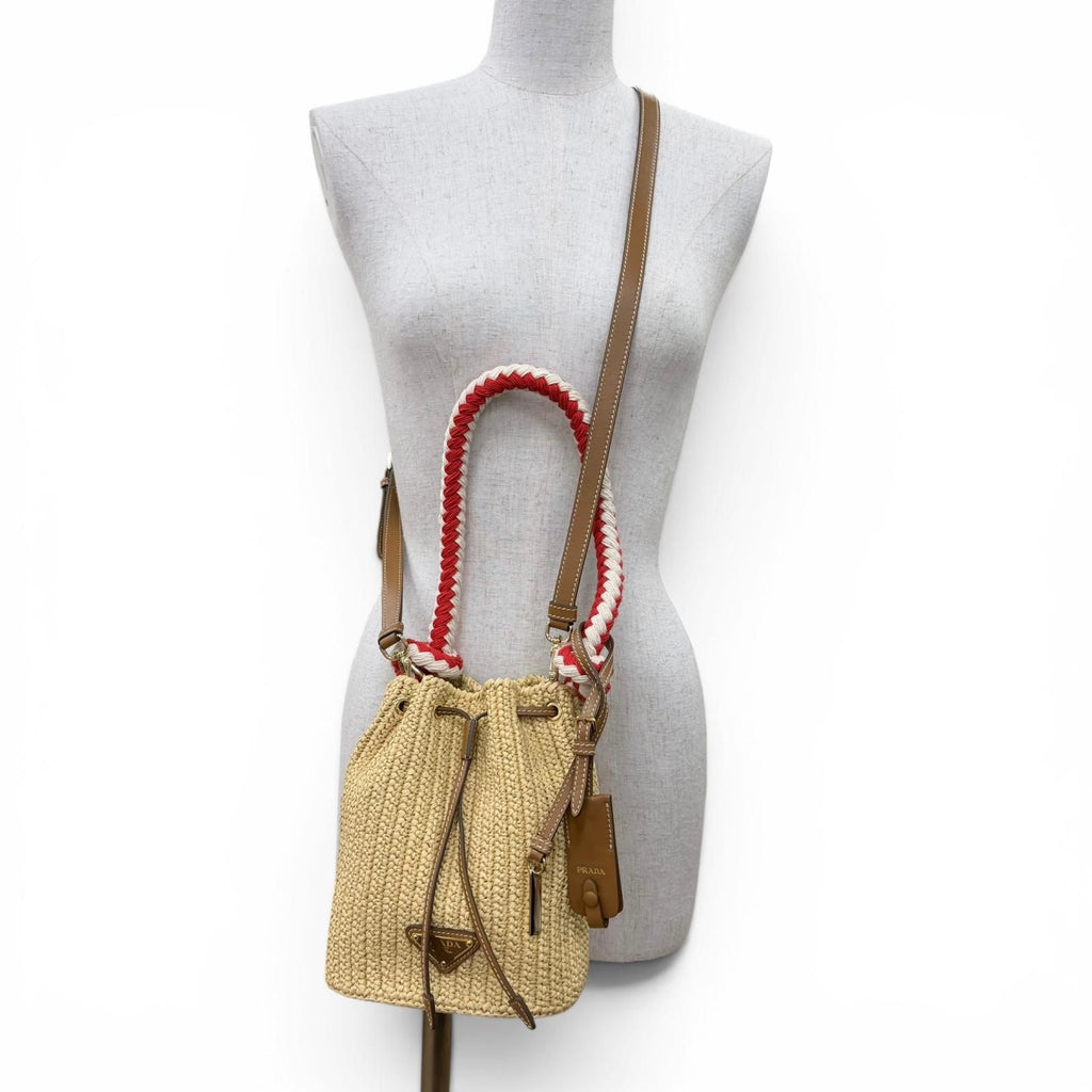 Prada Crochet Mini Bucket Triangle Logo Leather Raffia 2-Way Shoulder — view 3