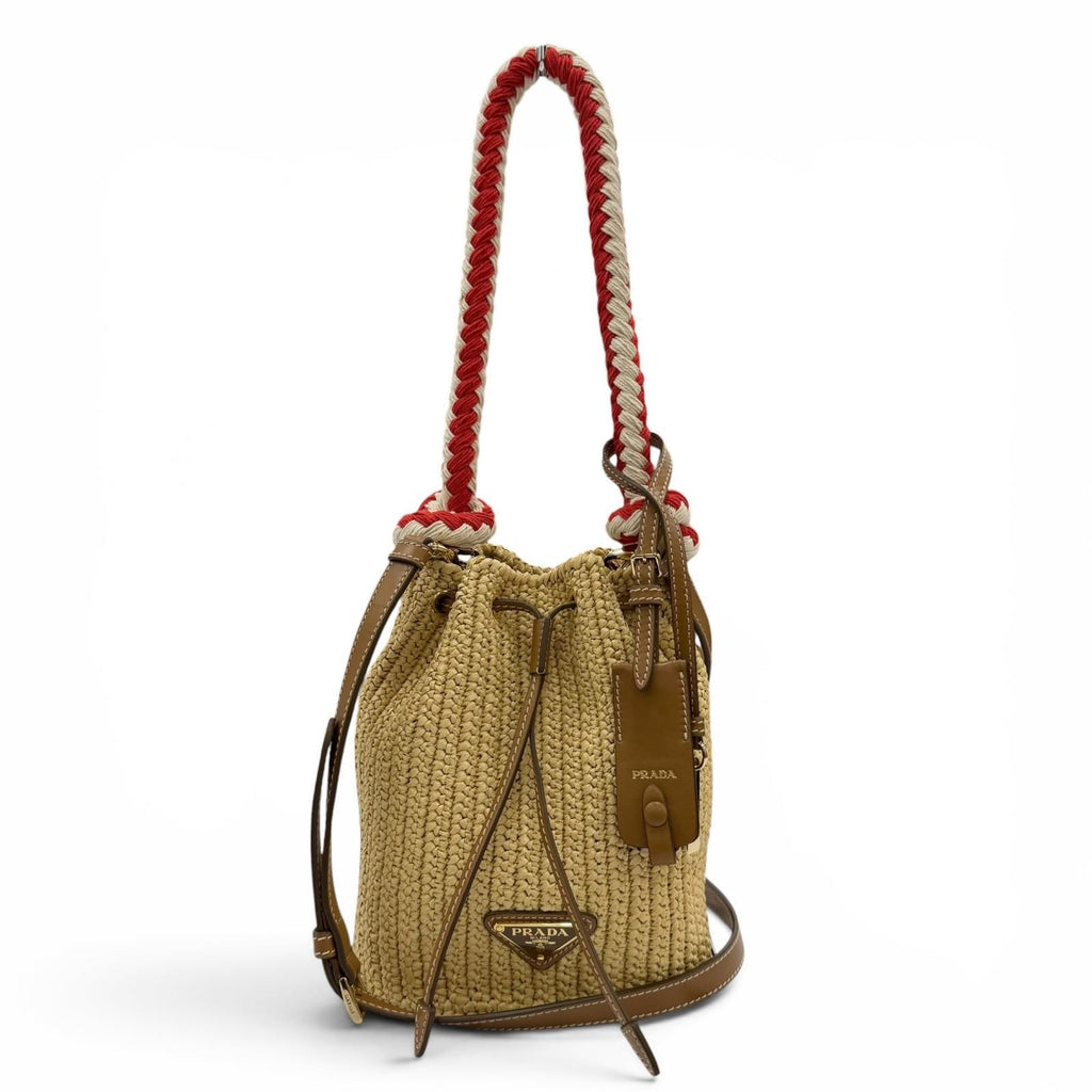 Prada Crochet Mini Bucket Triangle Logo Leather Raffia 2-Way Shoulder