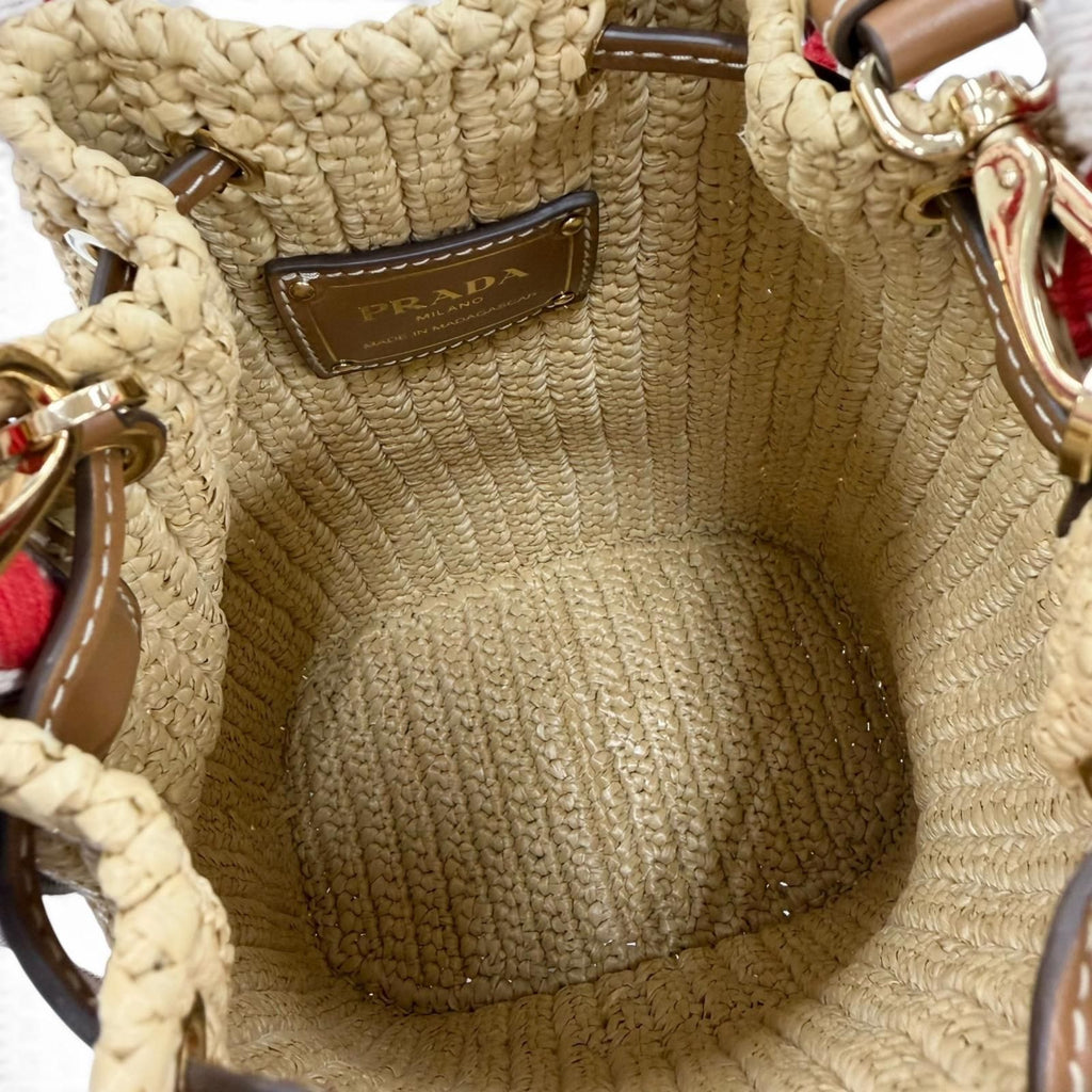 Prada Crochet Mini Bucket Triangle Logo Leather Raffia 2-Way Shoulder — view 7