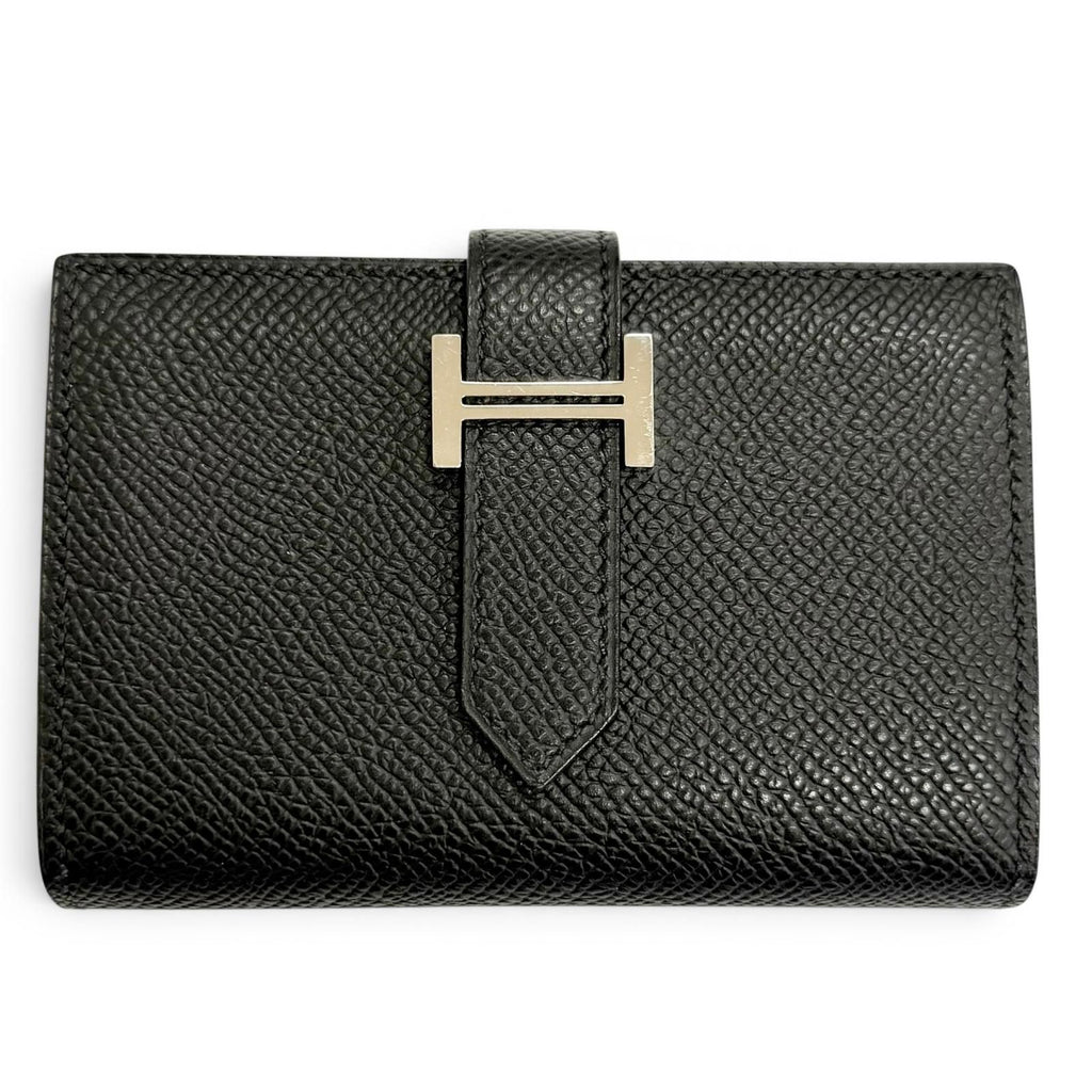 Hermes Bearn Mini Veau Epsom Silver Coin Pocket Compact Wallet Bifold Black