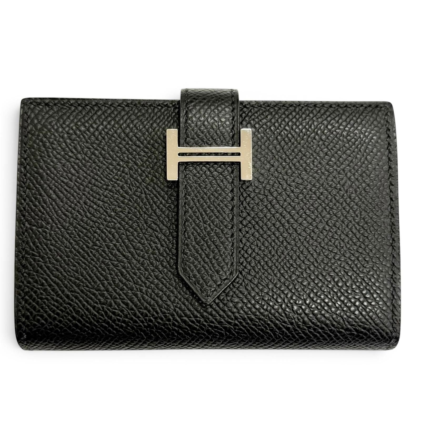 Hermes Bearn Mini Veau Epsom Silver Coin Pocket Compact Wallet Bifold Black