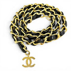 Chanel Vintage Leather Chain Belt with CC Logo Charm Gold Black Recommended